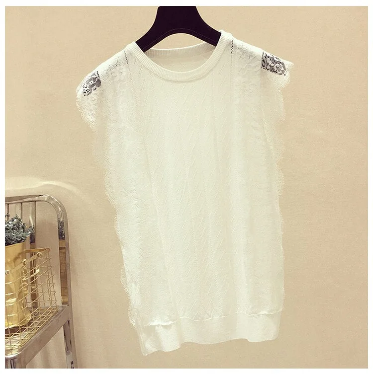 2021 Spring Summer Korean Fashion Women Mesh Shirt Sleeveless O-Neck Lace Knitted Patchwork Tops Hollow Out Clothes Blusas 8795