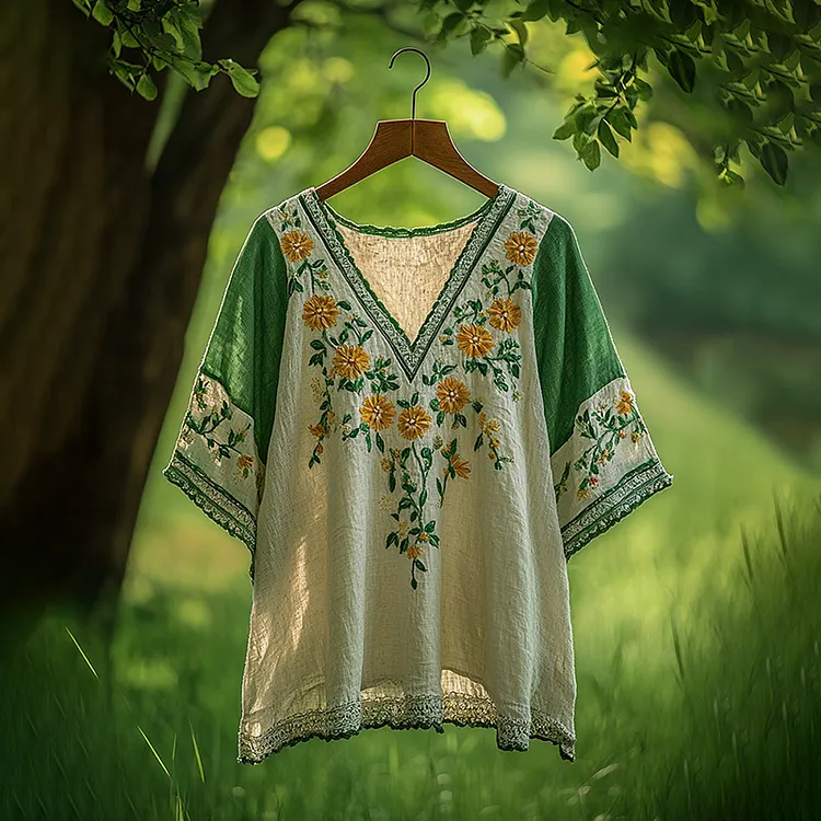 Floral Embroidered V-neck Loose Linen Blend T-shirt
