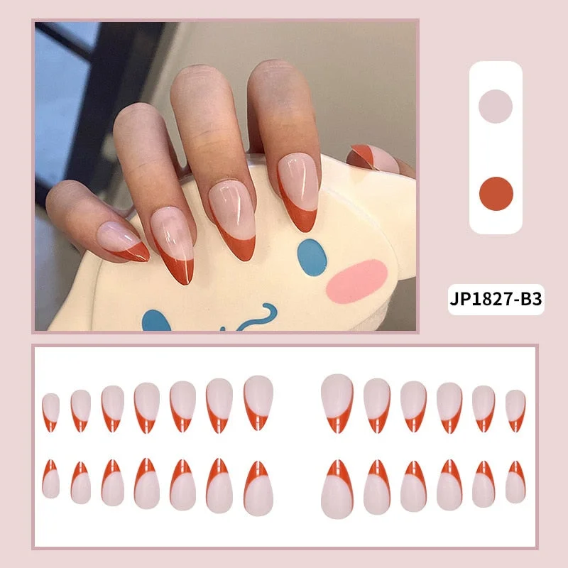 24PCS Nude Color Fake Nails With Black Grids Press On False Detachable Full Cover Artificial Tips Nail Art DIY Manicure No Glue-Nail Inspo