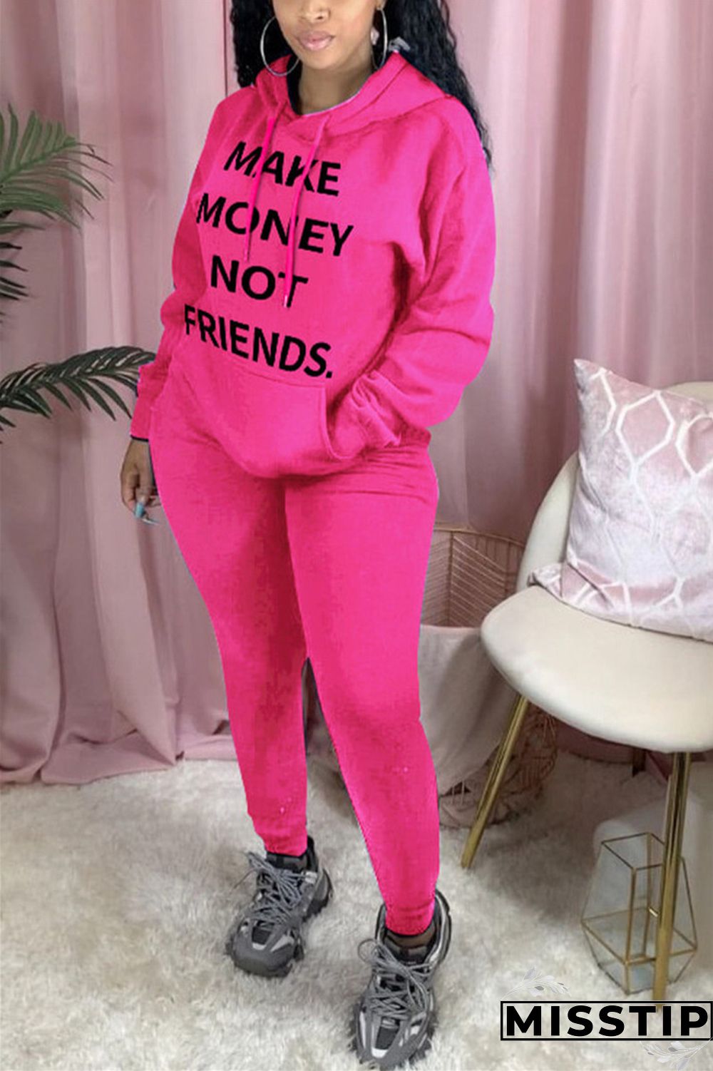 rose red Casual England Letter Print Solid Straight Long Sleeve Two Pieces