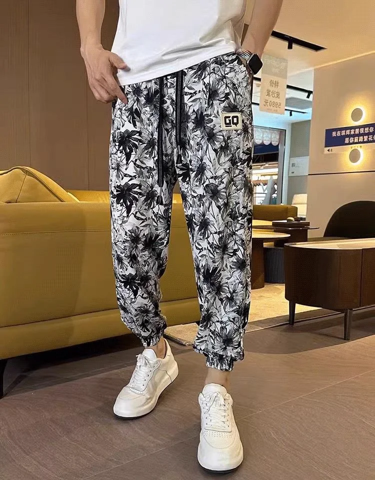 Men's Ice Silk Printed Casual Side Slit Cropped Pants