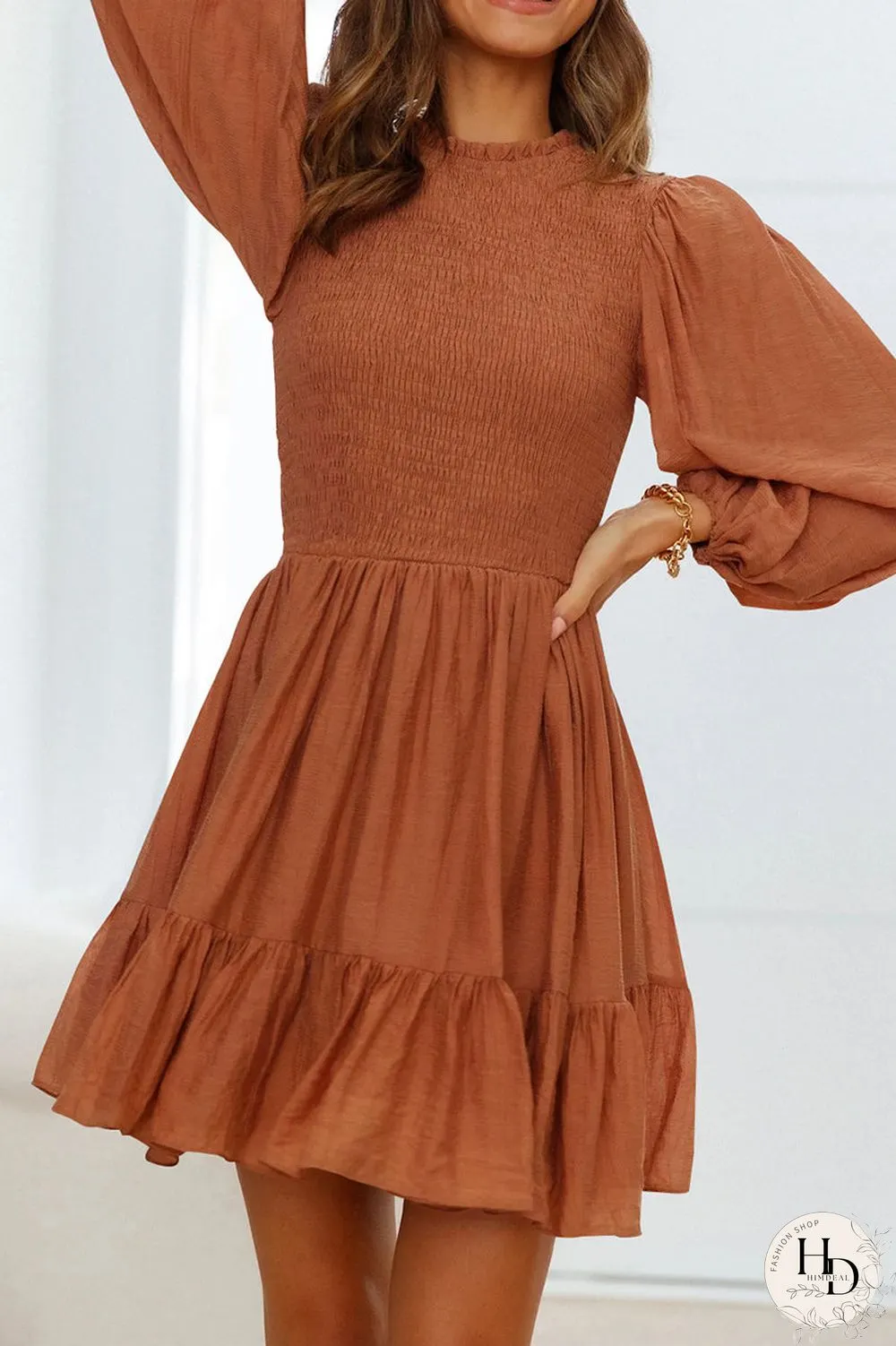 Fashion Solid Flounce O Neck Long Sleeve Dresses(11 Colors)