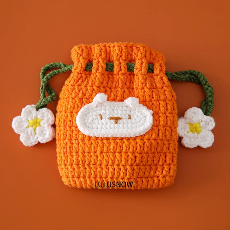 Lulusnow Handmade Orange Cat Crochet Coin Purse Crochet Mini Drawstring Bag Gift for Her/Friend/Kids