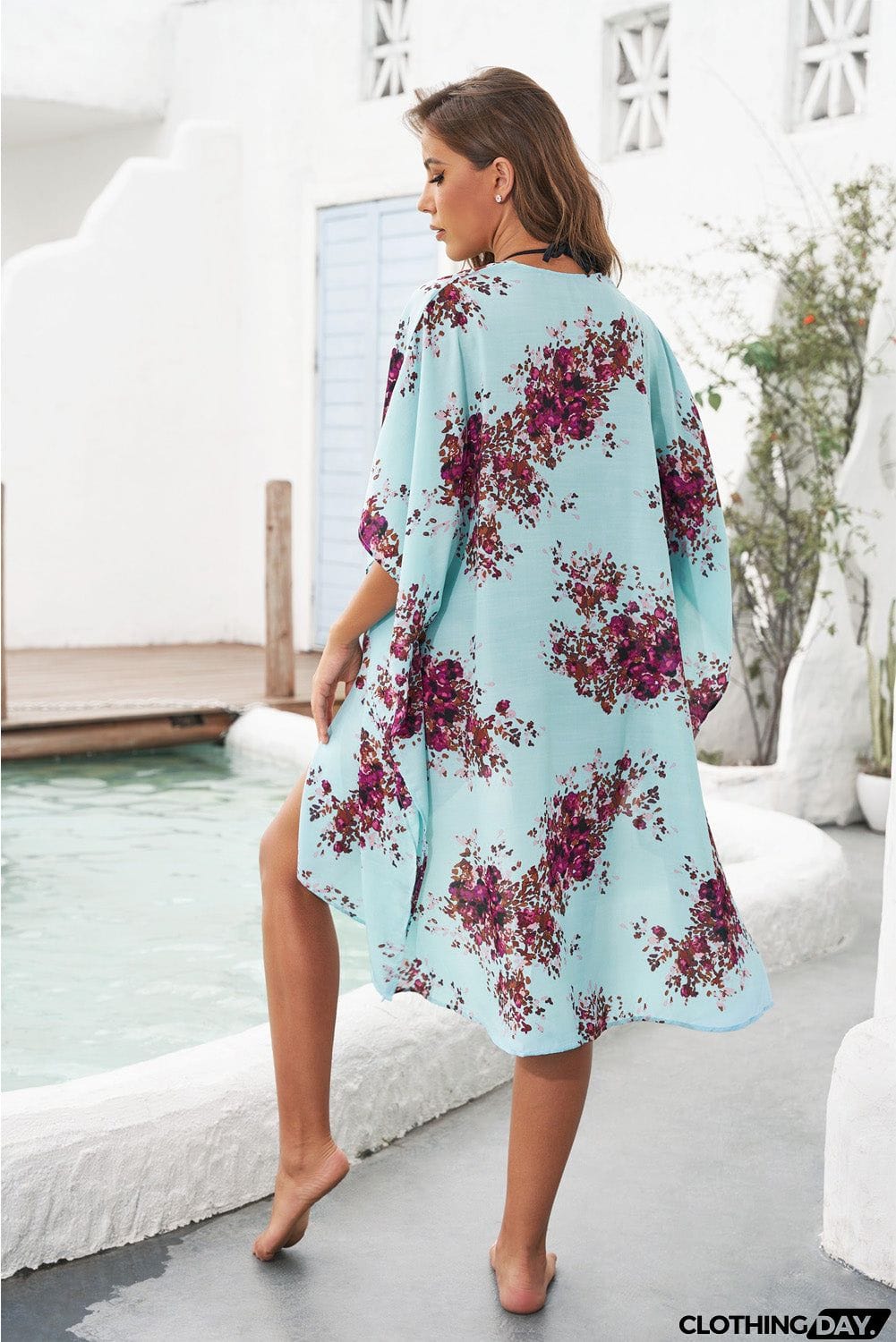 Floral Kimono Sleeves Chiffon Loose Beach Cover Up