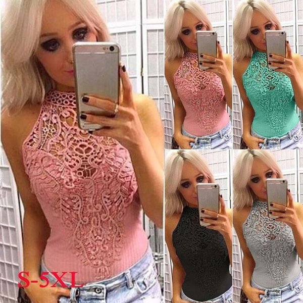 Halter Lacework Fashion Women Off Shoulder Bodysuit Rompers Sleeveless Hollow Slim Jumpsuit - Shop Trendy Women's Fashion | TeeYours