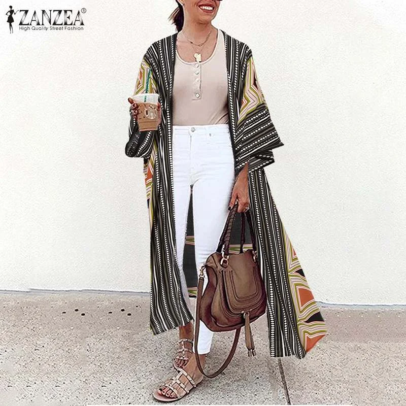 Summer Cardigan Kimono ZANZEA Women Vintage Printed Long Shirt Female Party Tops Tunic Casual Open Stitch Loose Beach Blouse