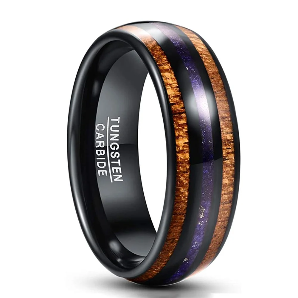 8mm Hawaii Koa Wood And Purple Lapis Lazuli Inlay Black Tungsten Carbide Rings Men's Wedding Bands