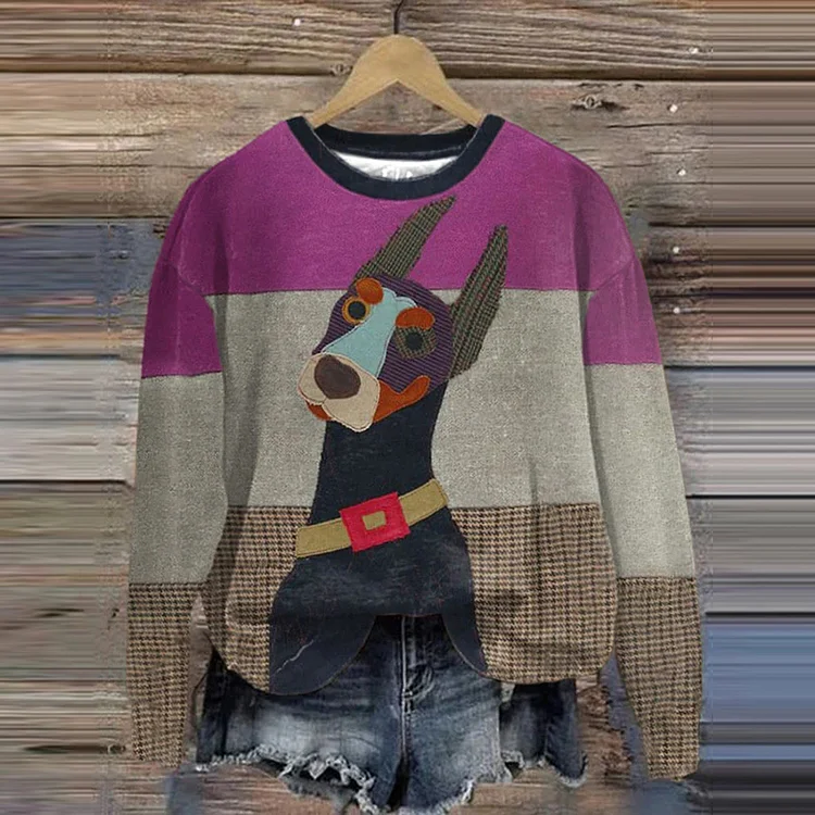 Comstylish Women's Puppy Plaid Print Color Block Sweatshirt