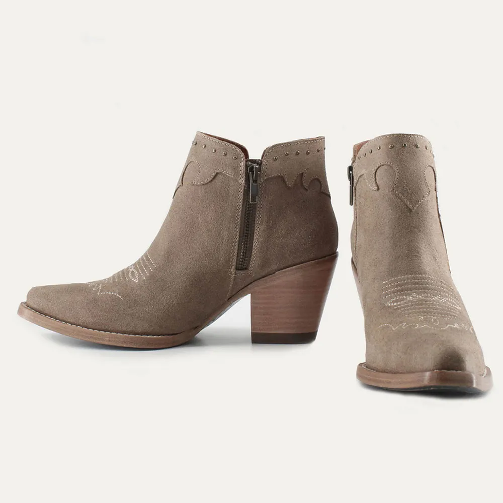 Taupe Studded Chunky Heel V-Cut Zipper Cowgirl Boots for Women