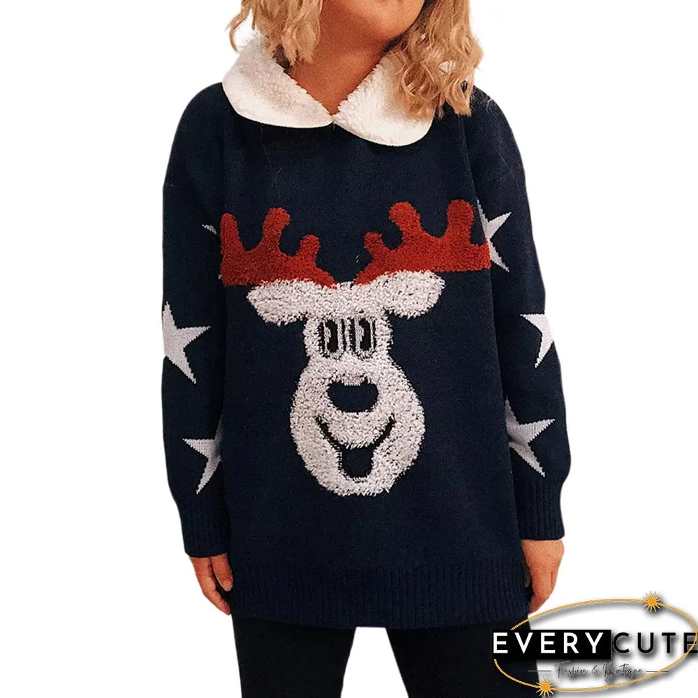 Navy Blue Deer Print Lapel Collar Thicken Christmas Pullover Sweater