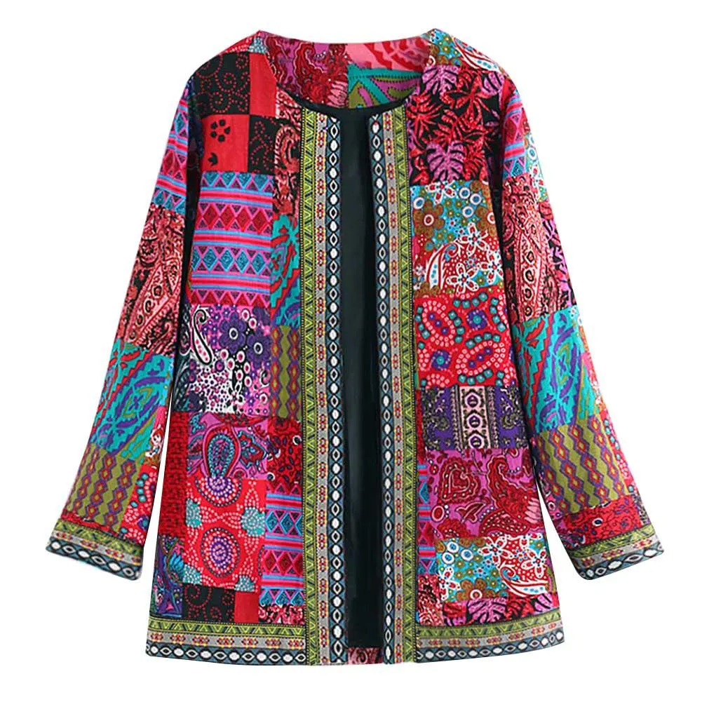 6XL Jacket Coat Women Fashion Autumn Winter Ethnic Floral Print Long Sleeve Loose Jacket Coat Cardigan Loose Outerwear Chic Top