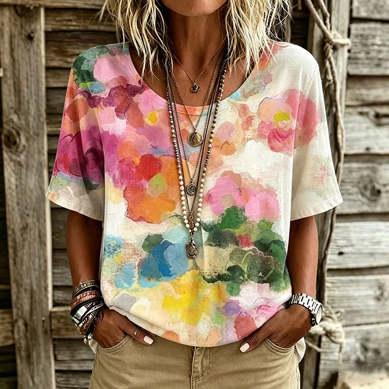 Women's Tie-dye Style Floral Art Print Casual T-shirt artswardrobe