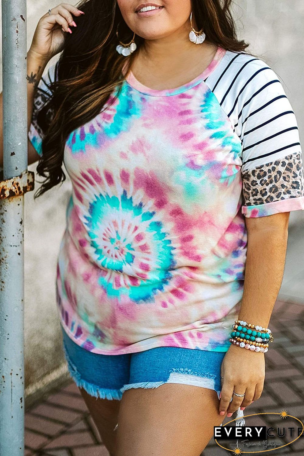 Tie-dye Print Leopard Striped Raglan Sleeve Plus Size Tee
