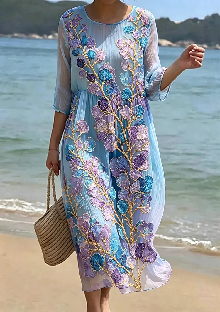 Women's Floral Embroidered Smocked Waist Midi Dress