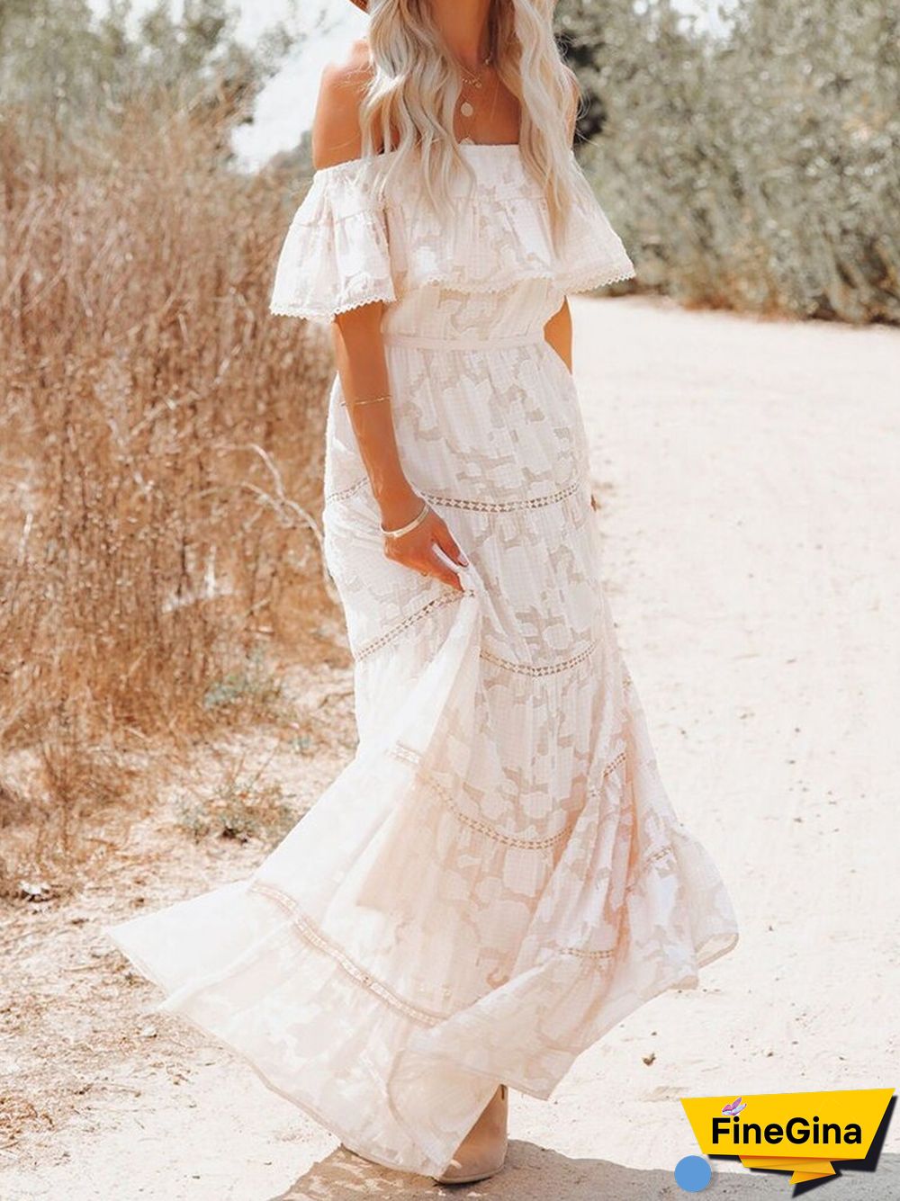 Summer Solid Embroidery Lace Long Dress Elegant Off Shoulder Ruffles High Waist Dress Sexy Slash Neck Backless Chic Beach Dress