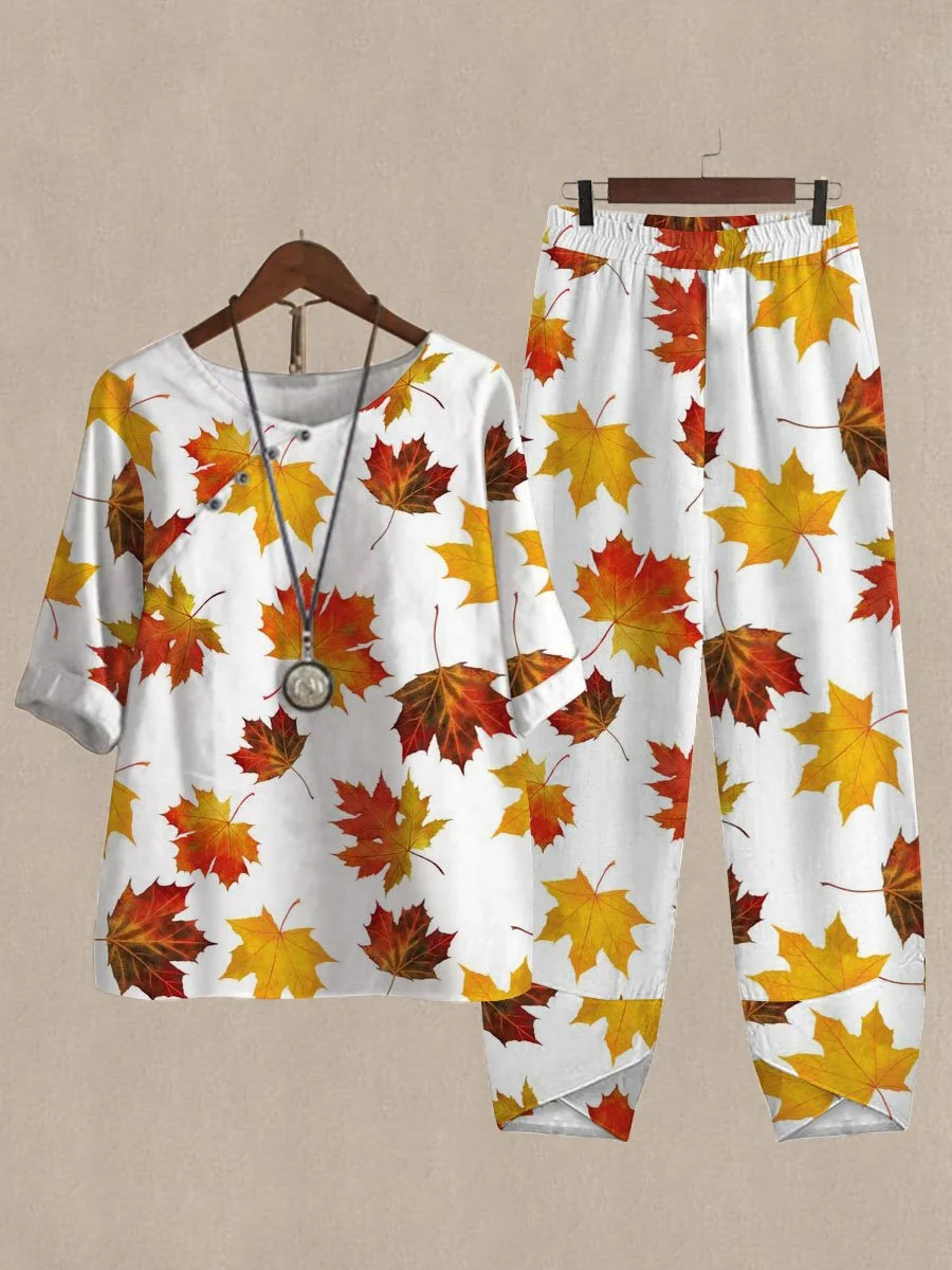 Maple Leaf Print Casual Two Piece Suits