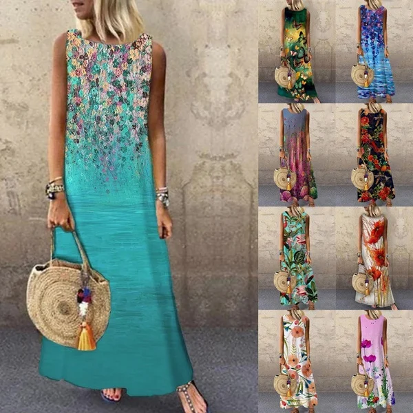 Fashion Women's Elegant Sleeveless Flowers Print A-Line Dress Round Neck Casual Party Dresses Long Dress Plus Size