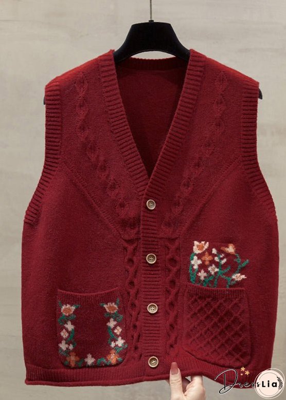 Natural Yellow V Neck Floral Cotton Knitted Waistcoat Fall