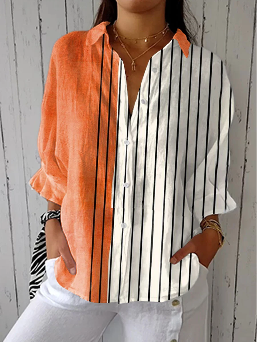 Women's Vintage Abstract Geometric Art  Print Casual Linen V-neck Shirt