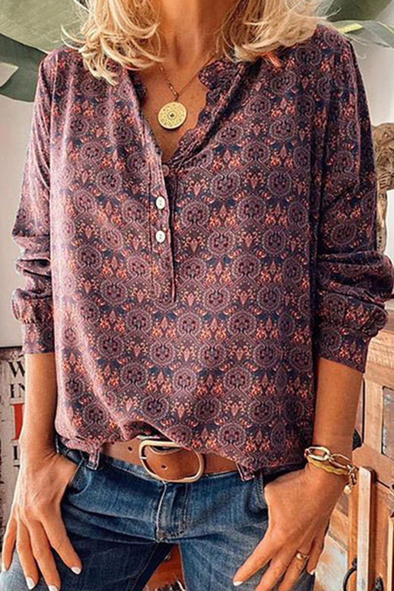 Street Vintage Print Buckle V Neck Tops(3 Colors)