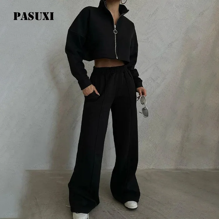 PASUXI Wholesale Women's Round Coat Neck Trouser Set Bulk Solid Color Lounge Suits Custom Logo huanwei