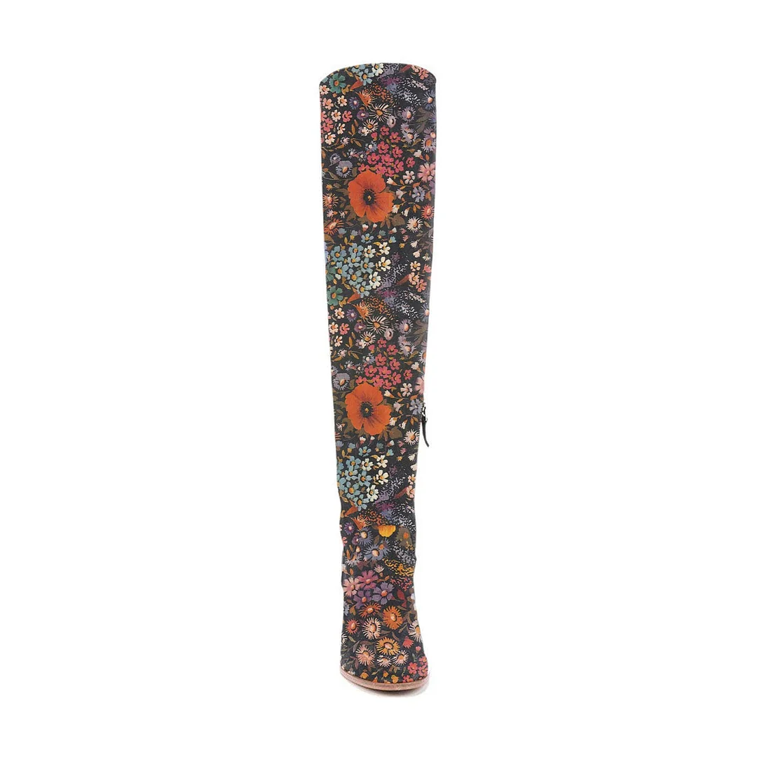 Colorful Floral Printed Vegan Leather Round Toe Thigh-High Boots