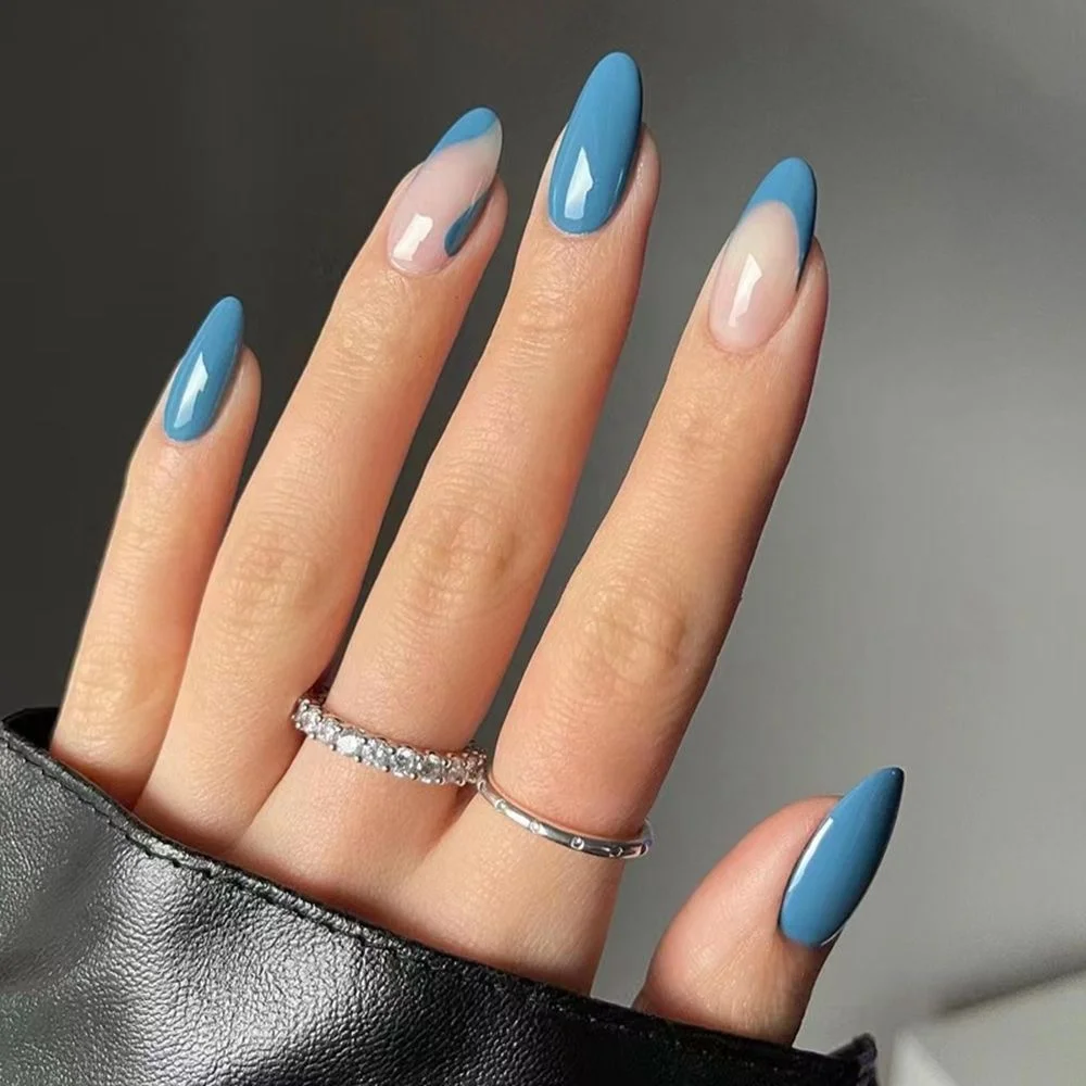 24pcs Almond False Nails Short French Blue Design Artificial Ballerina Fake Nails With Glue Full Cover Nail Tips Press On Nails