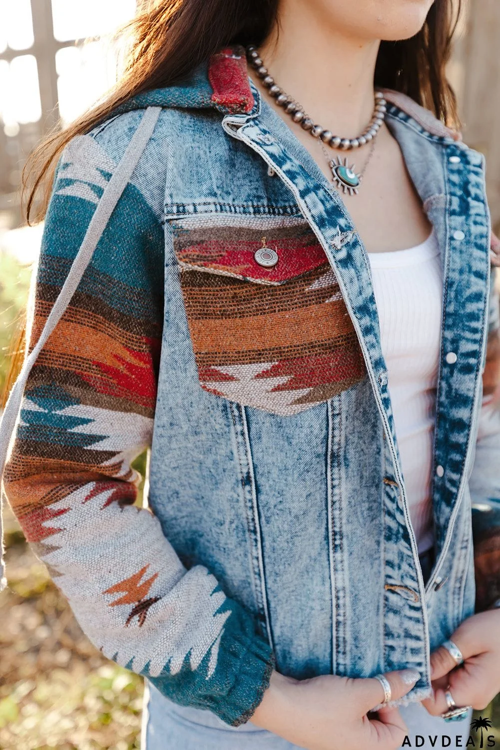 color Aztec Print Frayed Hem Denim Jacket