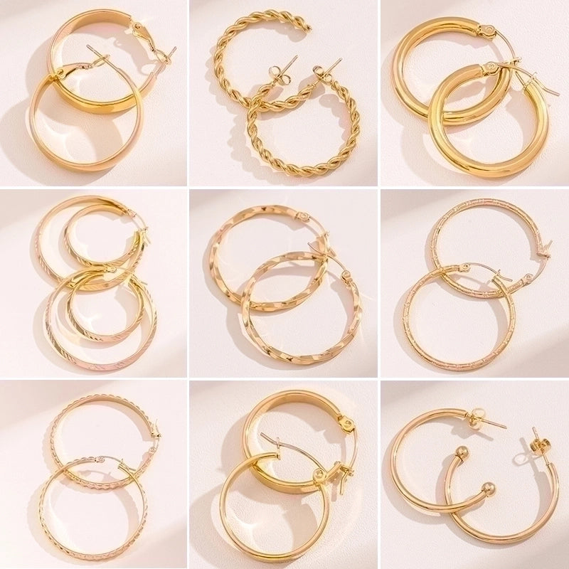 2 Pieces Retro Minimalist Round Waves Plating 201 Stainless Steel 18K Gold Plated Hoop Earrings