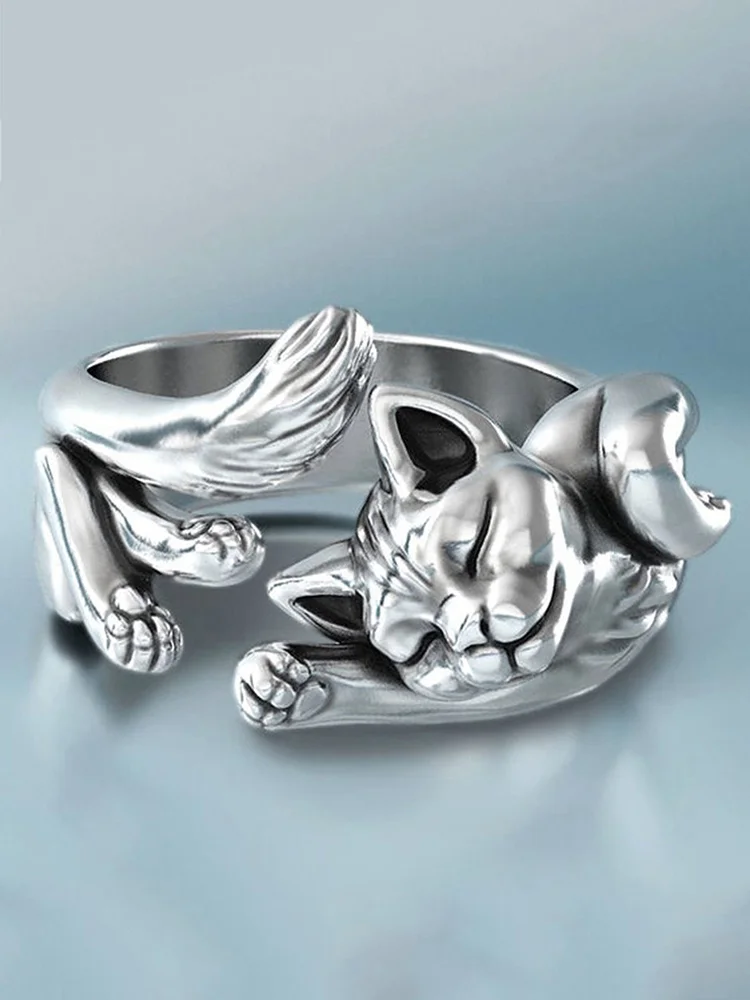 Comstylish Lovely Cat Carving Adjustable Ring