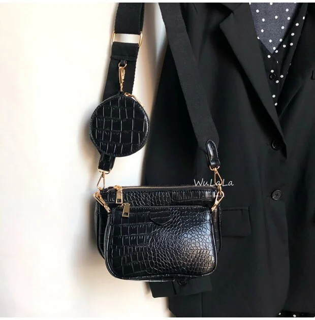 vintage alligator women shoulder bag designer wide strap messenger bag luxury chain pu leather crossbody bag ladies 3 bags set