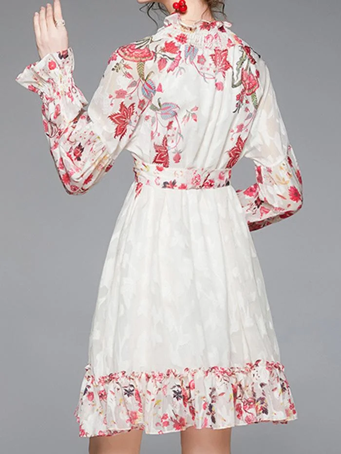 Elegant Jacquard Print Lantern Long Sleeve Dress