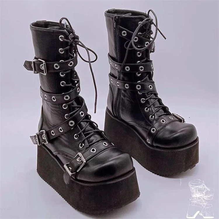 PunkGirl Leather Lace-up Buckle Boots
