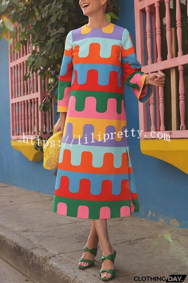 Bright Day Colorful Ripple Print Side Slit Midi Dress