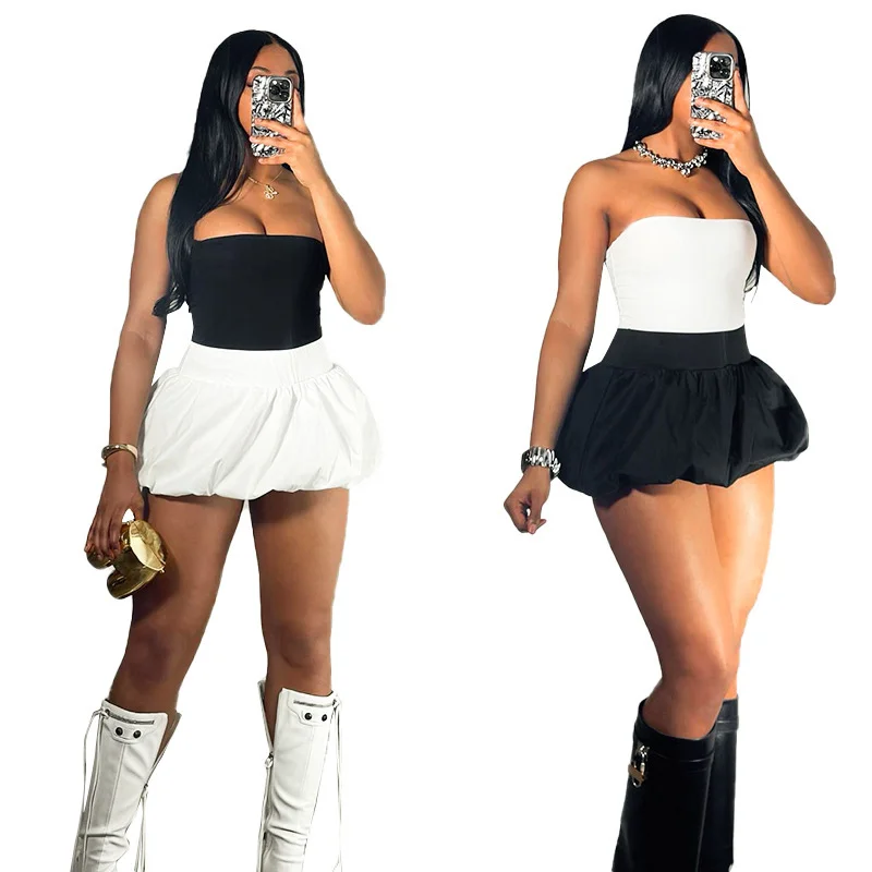 Uveng Uveng Women's Summer New Sexy Sleeveless Braed Vest Stimal Bubble Skirt Two-Sleeve