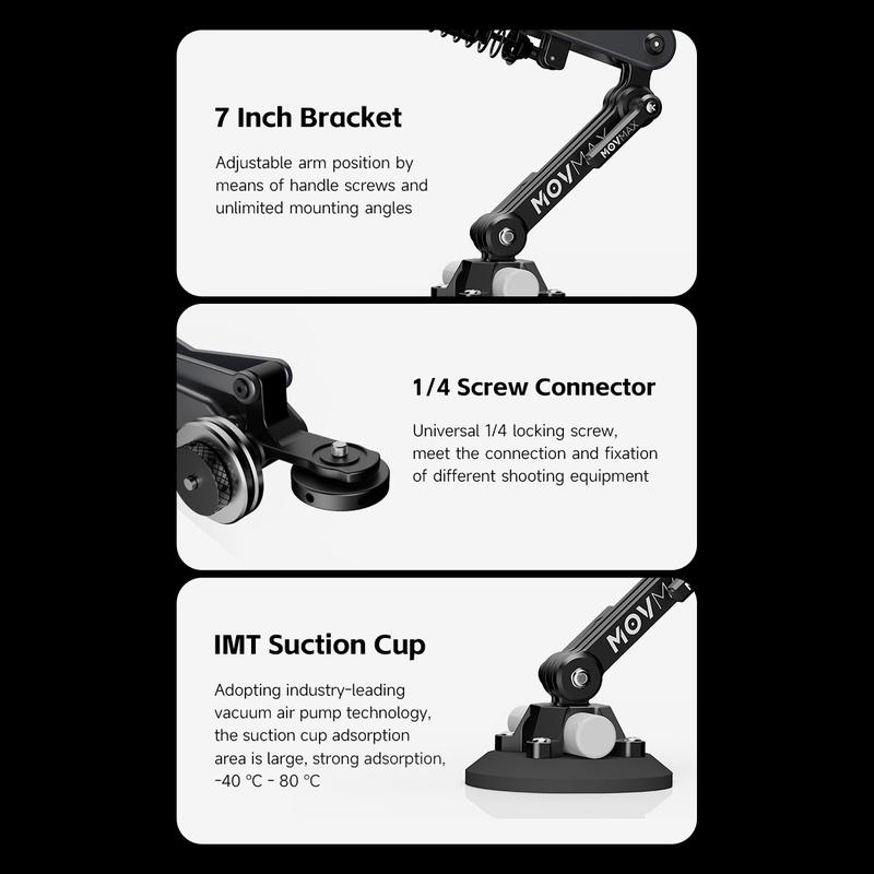 Product Introduction of MOVMAX Blade Arm Car accessories Camera Phone Suction Mount Camera Shock Mount  for phone camerasfor DJI Pocket 3. Insta 360. and GoPro 6