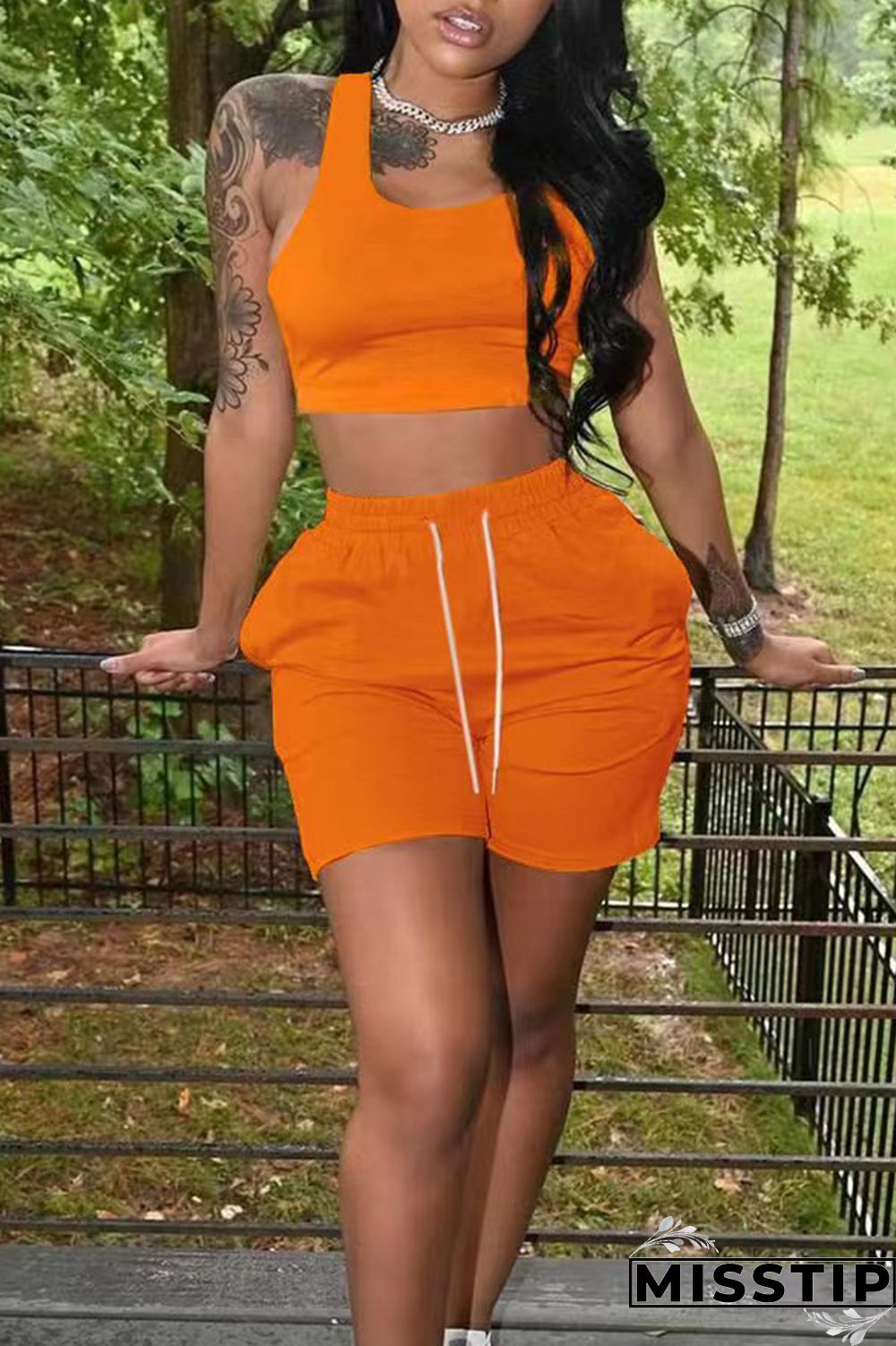 Orange Casual Solid Basic U Neck Sleeveless Two Pieces
