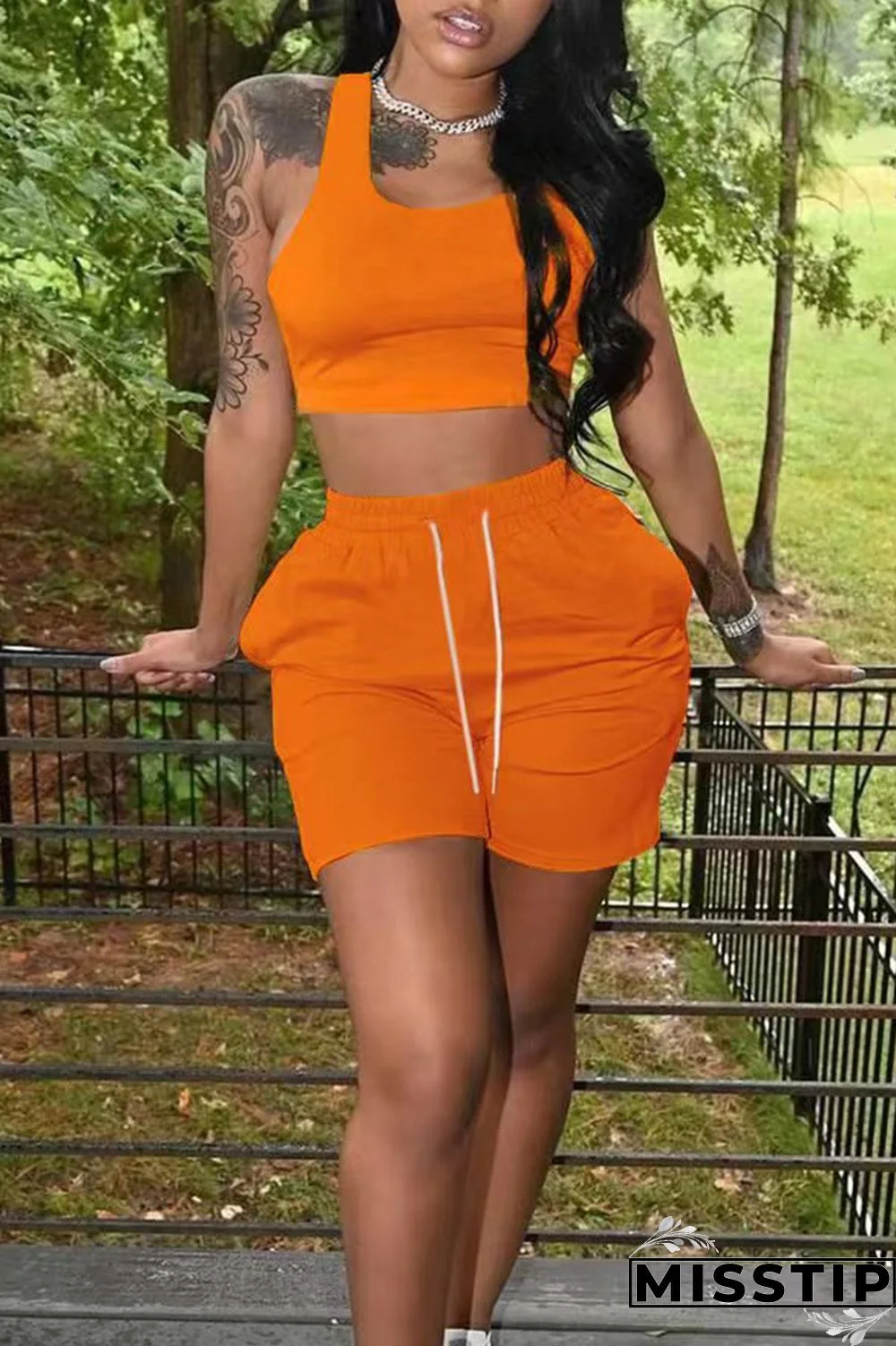 Orange Casual Solid Basic U Neck Sleeveless Two Pieces
