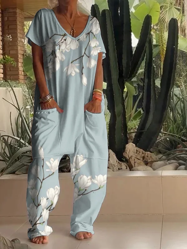 Casual Floral Art Print V-neck Jumpsuit