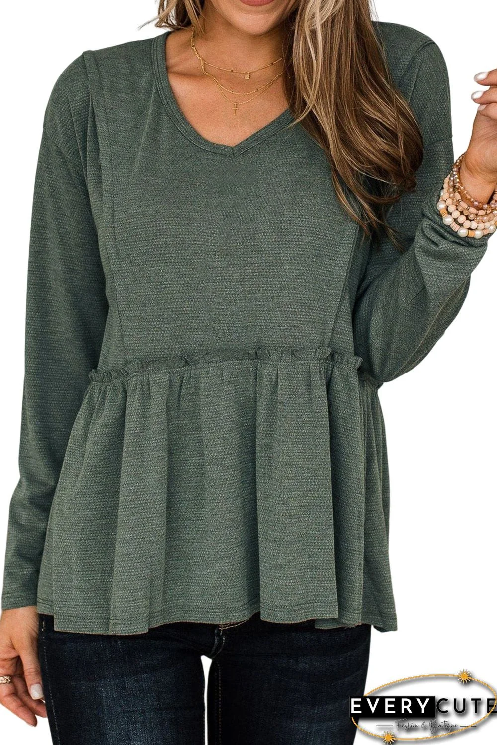 Green Outseam Detail Long Sleeve Peplum Top