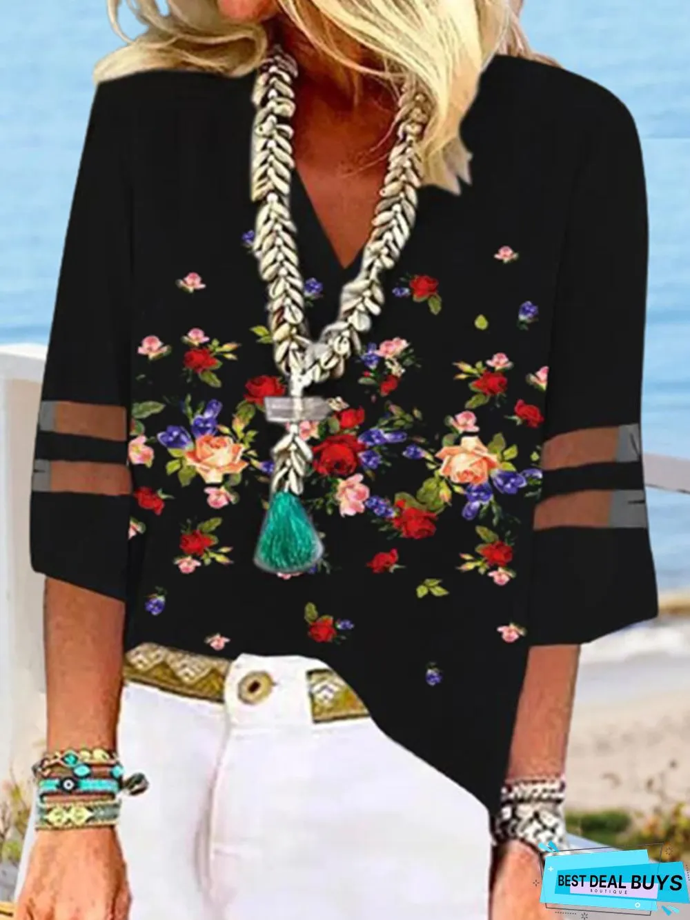 Women's Holiday Weekend V Neck Floral Three Quarter Sleeve Loose Casual Tops