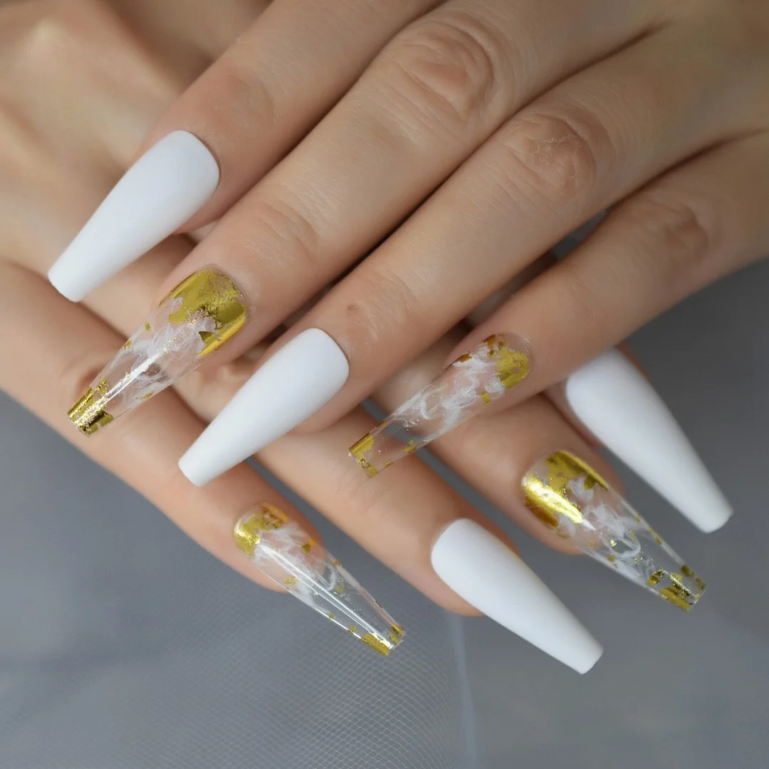 Glossy 24Pcs 6Pcs Foil Set Extra Long Fake Nails Fingernails Art Coffin Nails Tip Simple Design Supplies For Professionals EchiQ-Nail Inspo