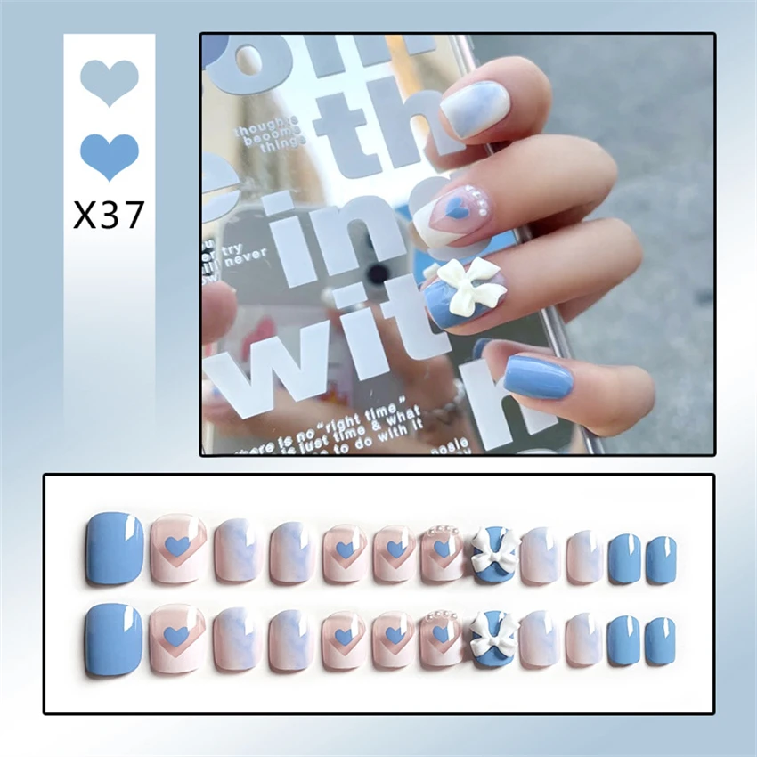 Bayuyun 24Pcs/Set Coffee Leopard French Fake Nails with Diamonds Japan Korean Artificial Acrylic Press on Nails Removable Stick on Nails