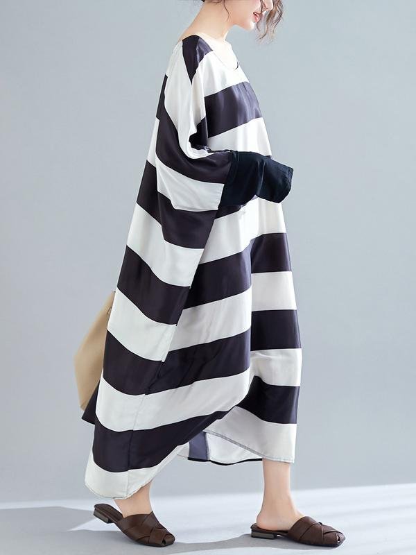 Black And White Striped Bat Sleeve Loose Dress
