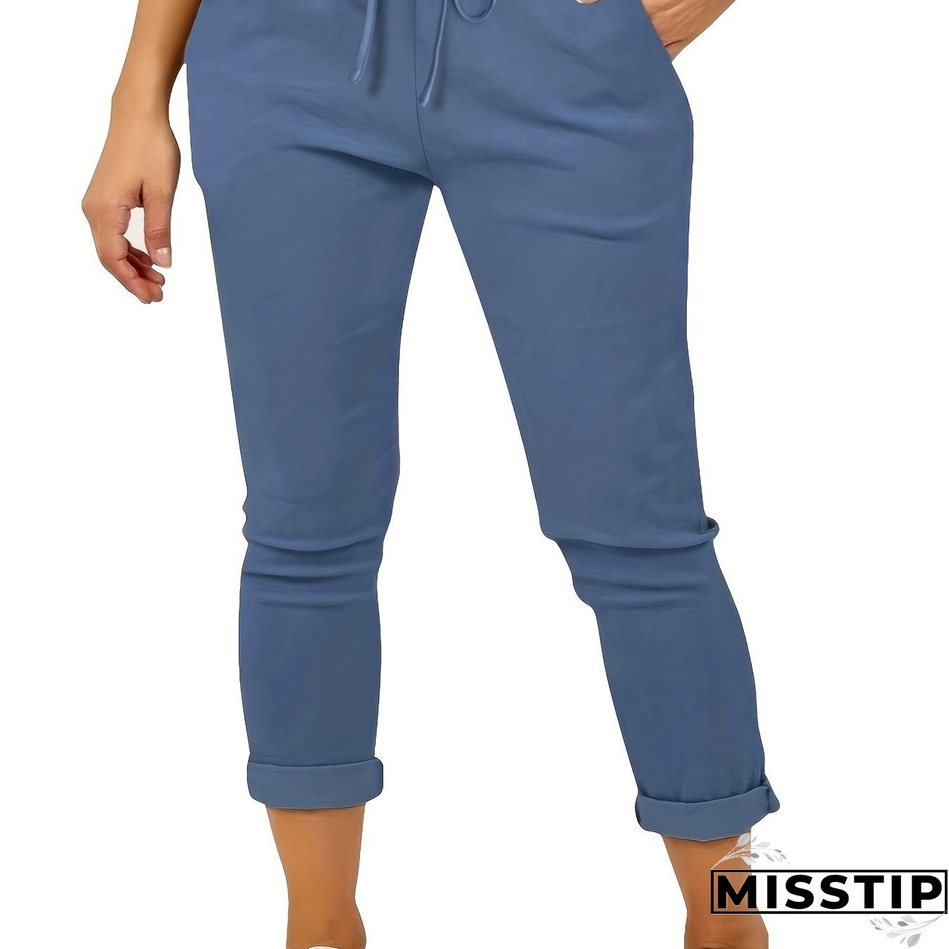 Plus Size Casual Pants, Women's Plus Solid Drawstring Roll Up Hem Slight Stretch Pants