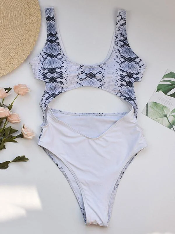 Snake-Print Split-Joint Hollow One-Piece Swimwear