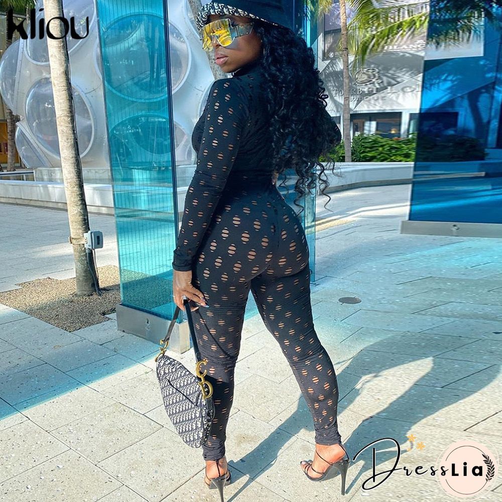 Kliou See Through Hollow Out Sexy Zipper Jumpsuit Women Turtleneck Net Plaid Hole Skinny Elastic Club Streetwear Rompers