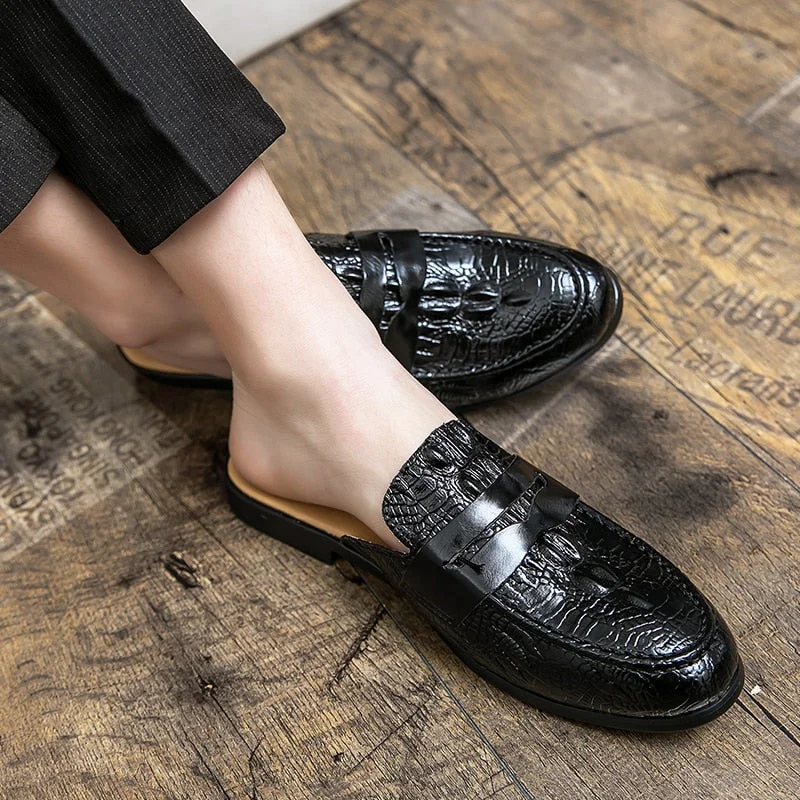 2022 Summer Men Mules Outdoor Leather Casual Shoes Breathable Half Slippers Crocodile Pattern Man Half Shoes Man Penny Loafers