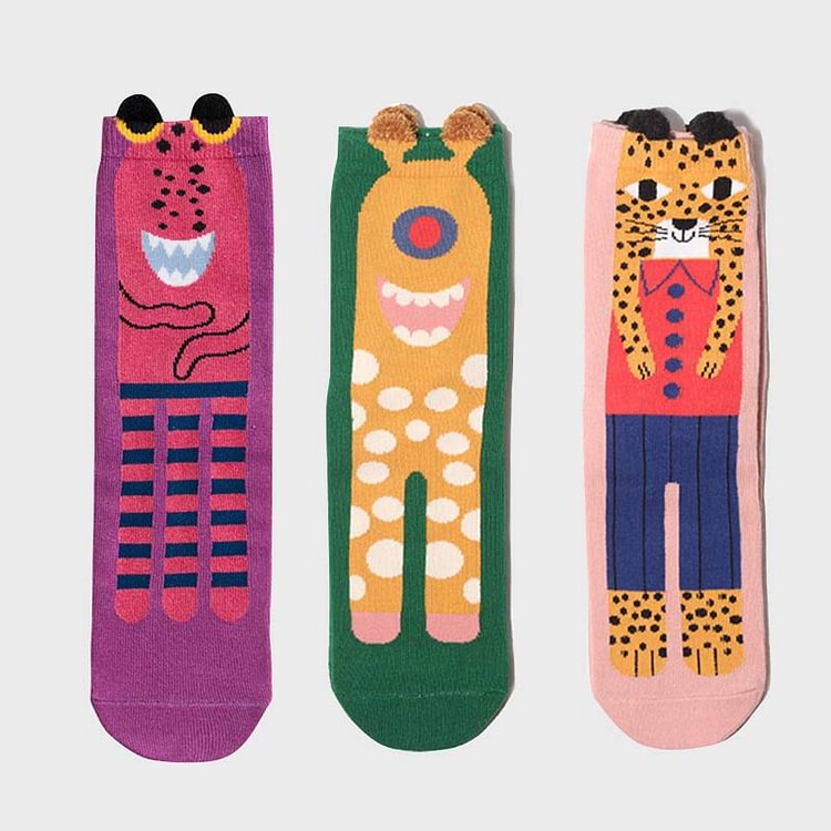 3 Pairs Cartoon Monster Print Ankle Socks - Modakawa