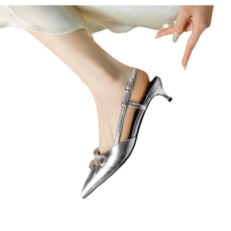 Churchf Churchf New 2024 Summer French Bow With A Long, Silver Solid Color Sandals